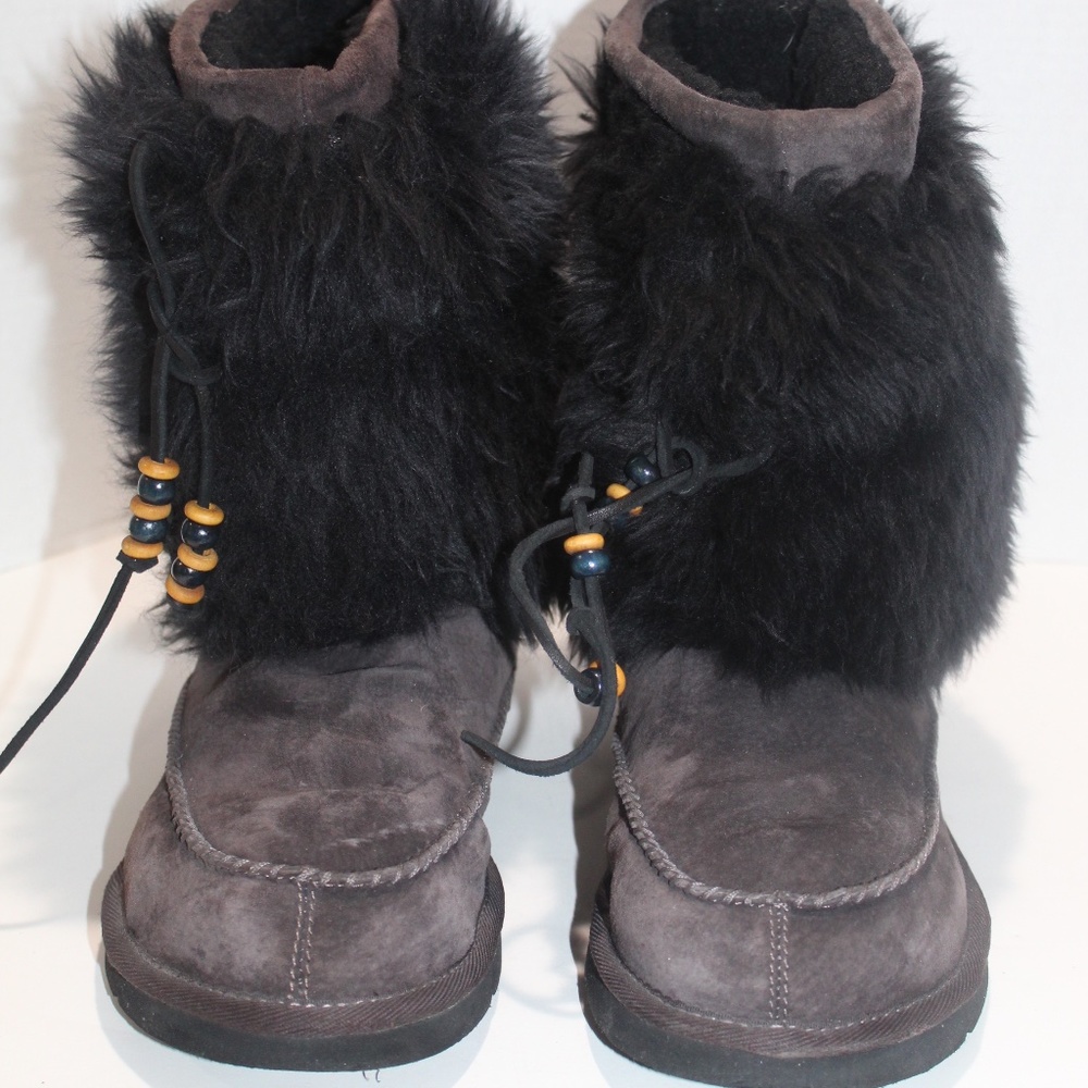 UGG Women's Black Fur and Gray Suede Booties with Bead Accents
